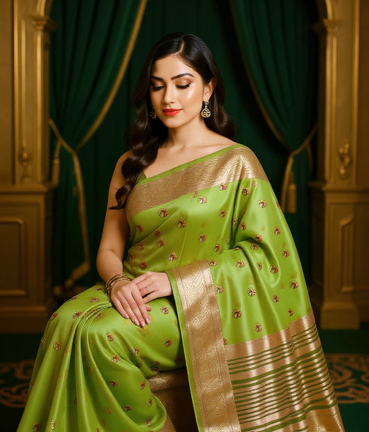 Elegant Green Organza Silk Saree with Pink Floral Motifs