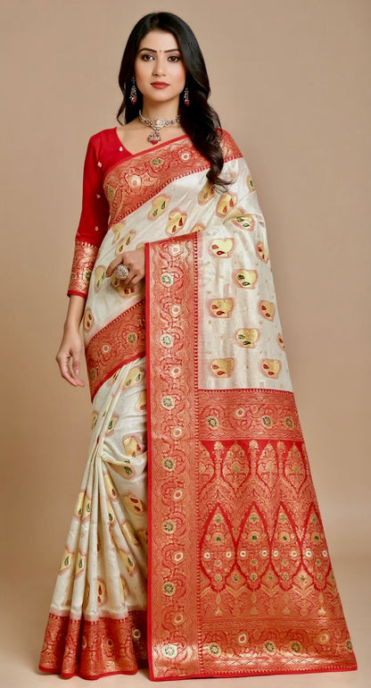 Andvib Red Heritage Silk Saree with Rich Golden Border