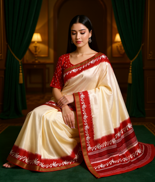 Classic White & Red Slub Silk Saree With Blouse