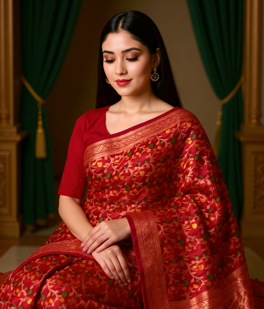 Crimson Makhi Butti Art Silk Saree
