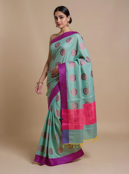 Elegant Sea-Green & Magenta Muga Silk Saree