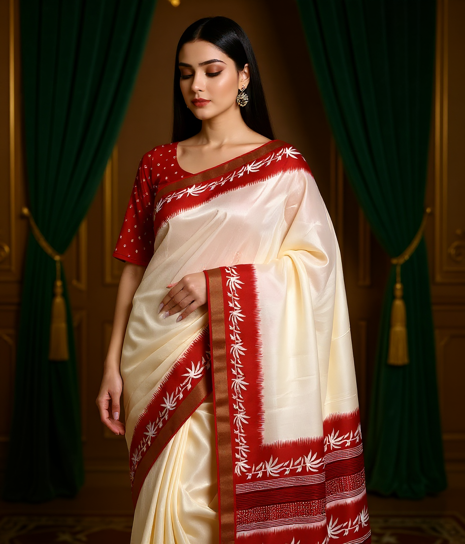 Classic White & Red Slub Silk Saree With Blouse