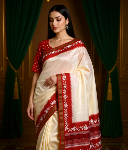 Classic White & Red Slub Silk Saree With Blouse