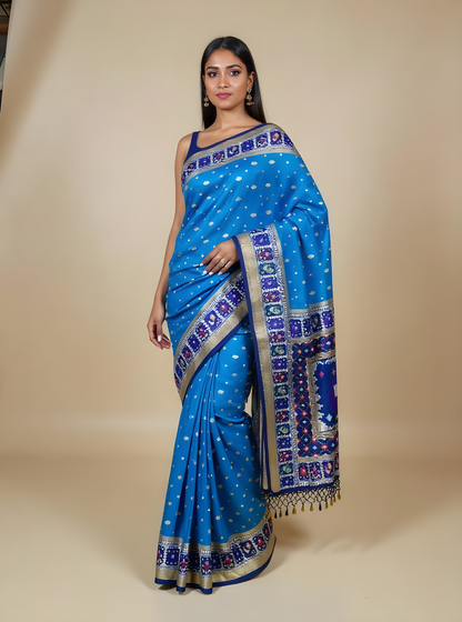 Premium Royal-Blue Ikkat Silk Saree with Rich Zari Border
