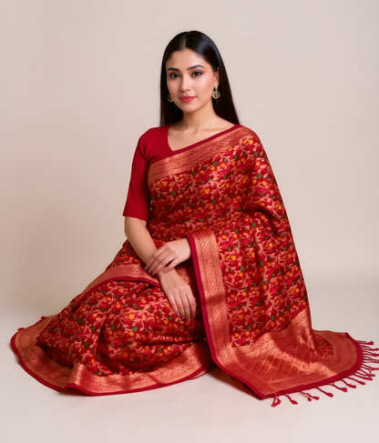Crimson Makhi Butti Art Silk Saree
