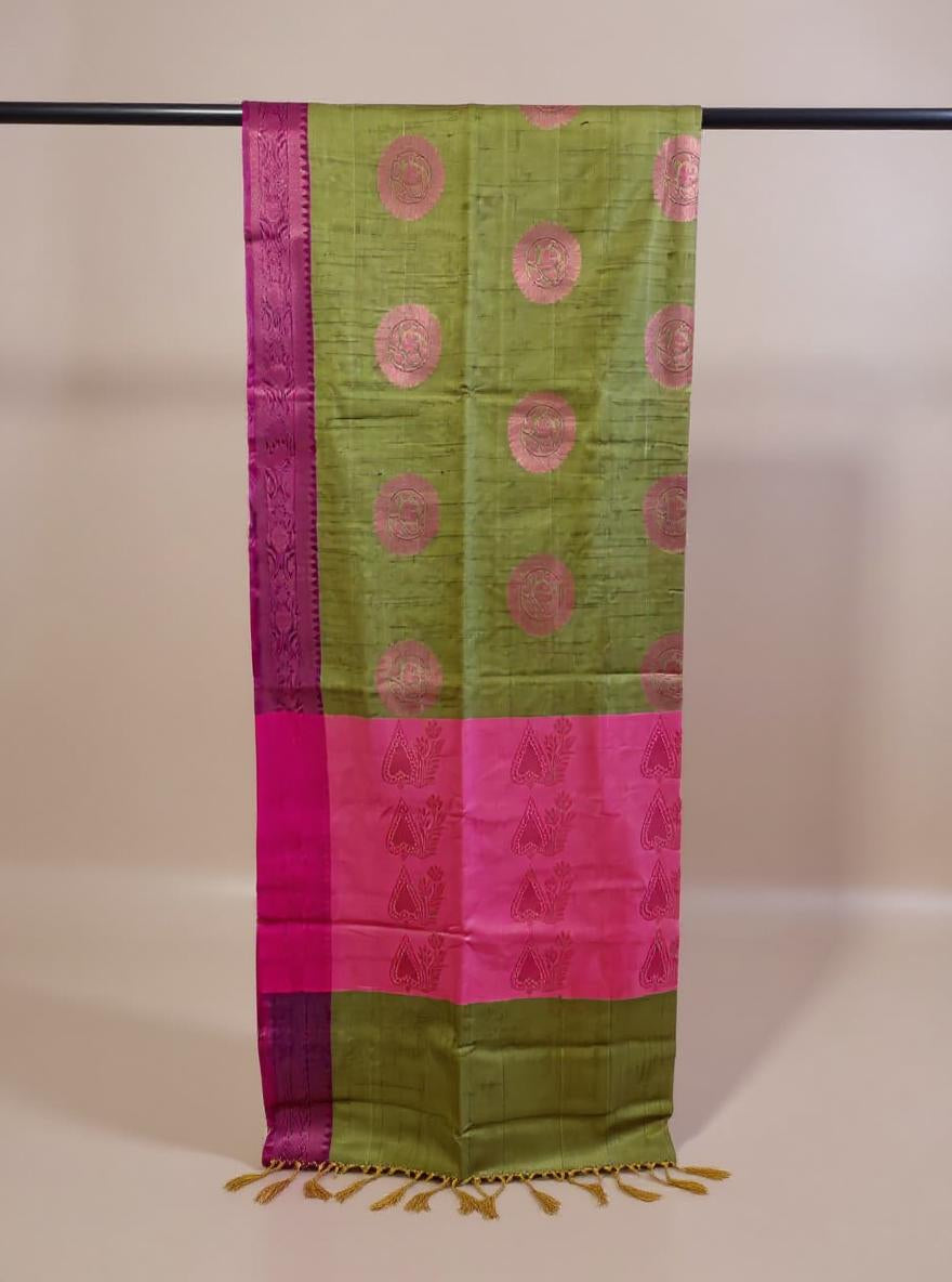 Elegant Olive Green & Rani Pink Muga Silk Saree