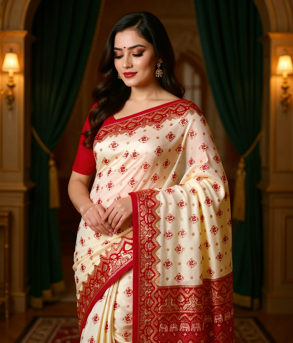 Elegant White Tussar Silk Saree with Red & Golden Weaving