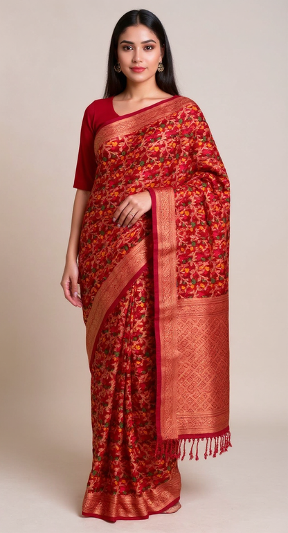Crimson Makhi Butti Art Silk Saree