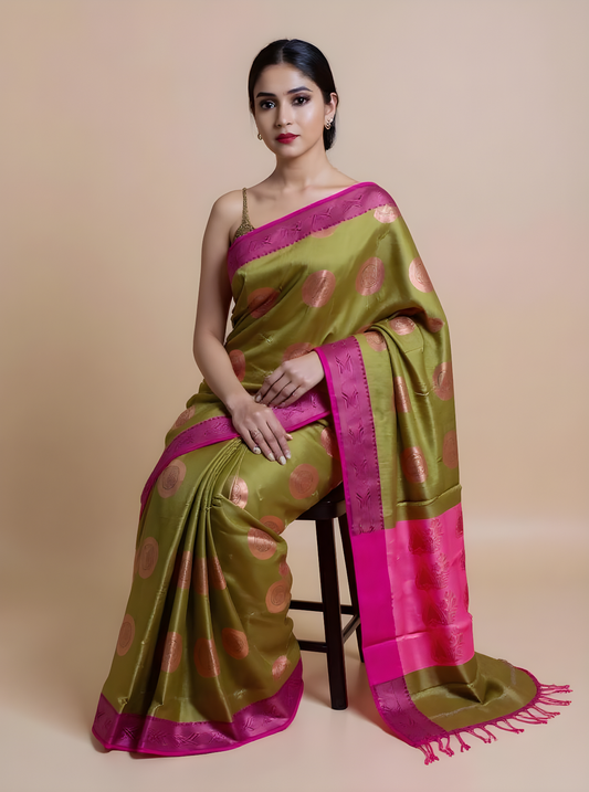Elegant Olive Green & Rani Pink Muga Silk Saree