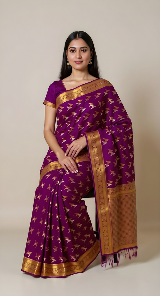 Royal Purple Art Silk Saree with Golden Bird Motifs