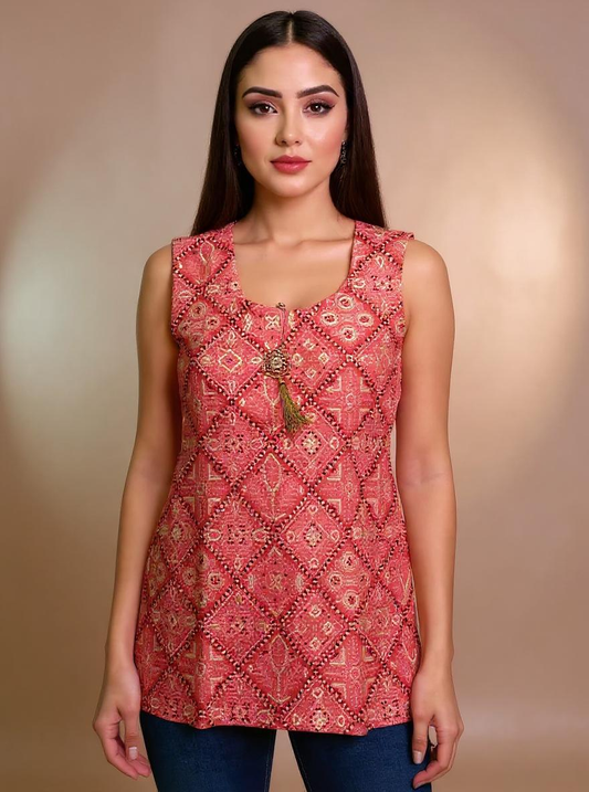 Sleeveless Tassel Kurti – Red & Gold