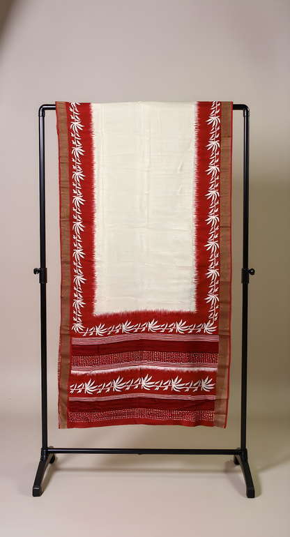 Classic White & Red Slub Silk Saree With Blouse