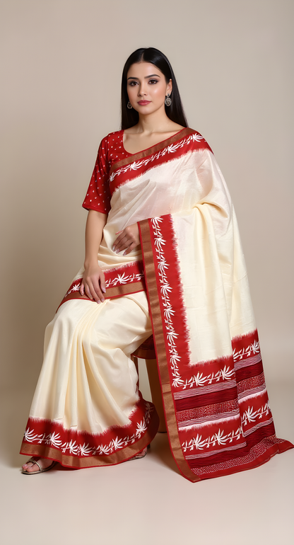 Classic White & Red Slub Silk Saree With Blouse