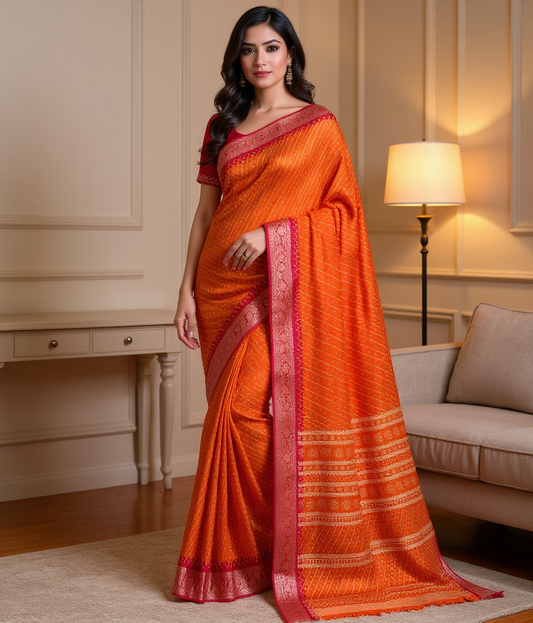 Vibrant Orange & Rani Pink Jugnu Silk Saree